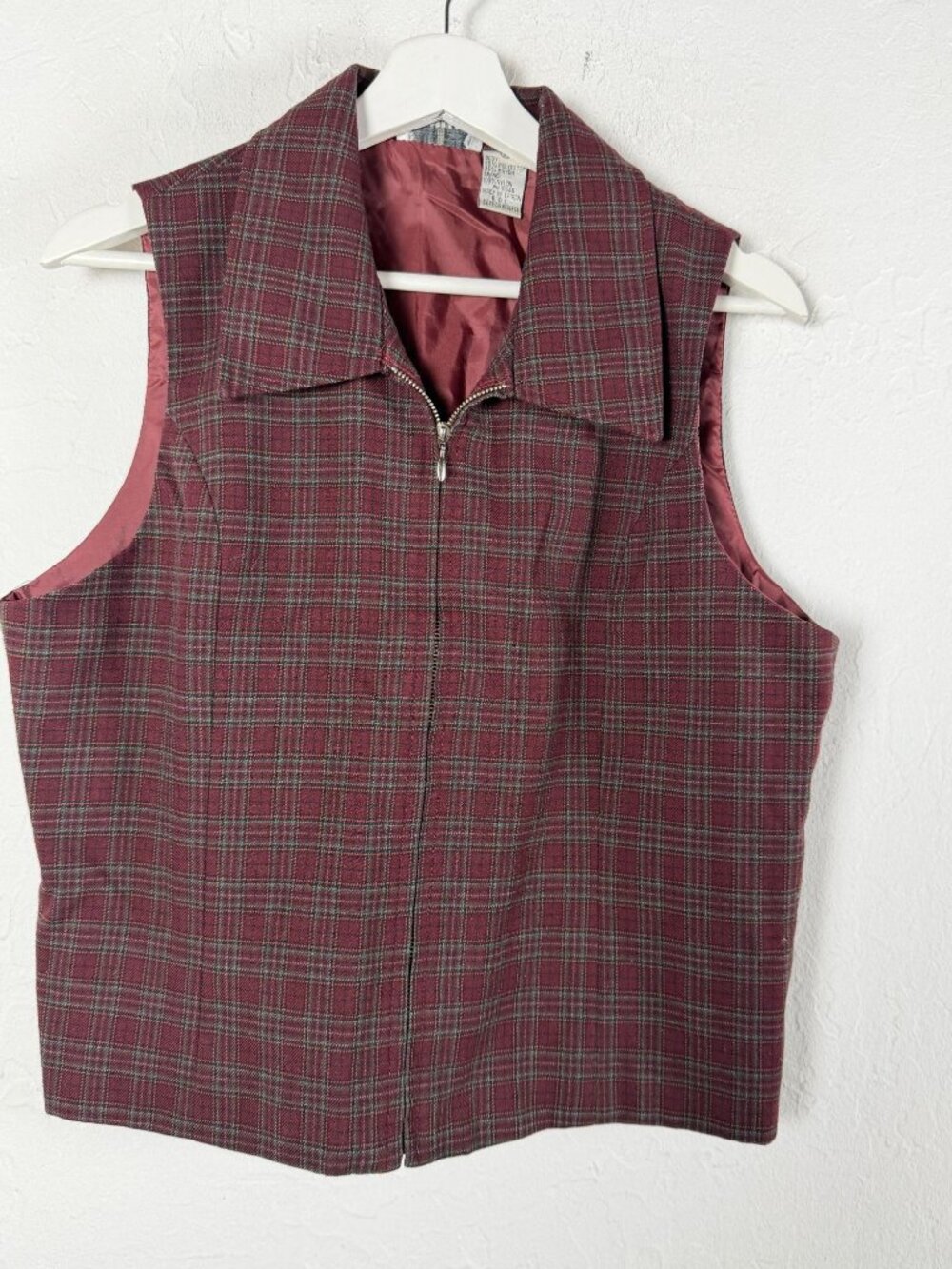 Vintage Paul Harris Design Womens Plaid Zip Vest Burgundy Collar Large Lined